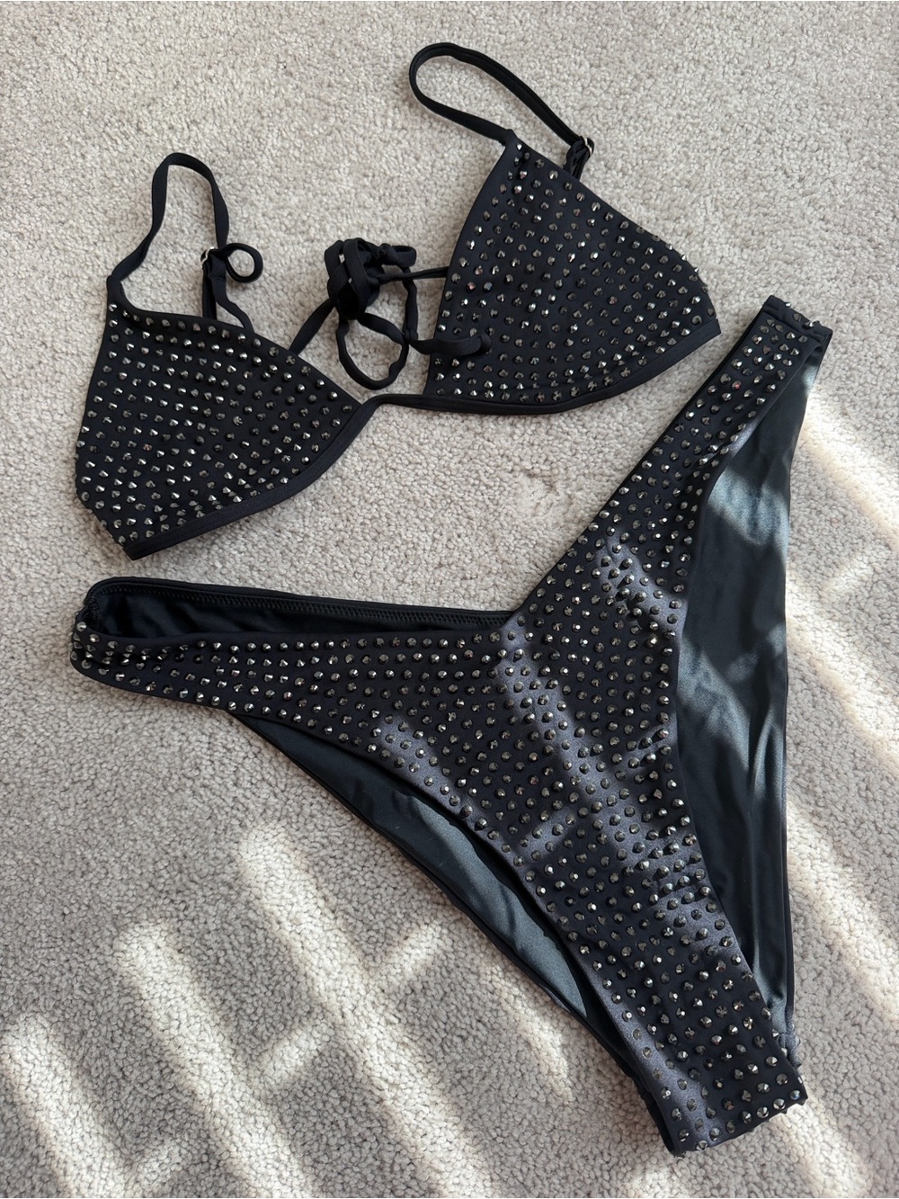 Neena Black bedazzled Triangle Bikini Top and Bottom Set - Women Swim